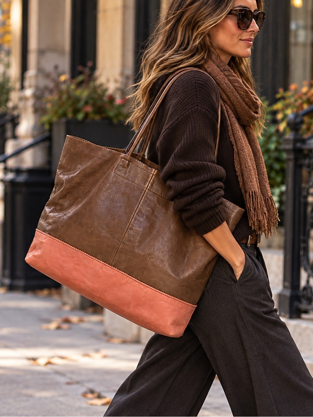 BANANA REPUBLIC pinking shears lambskin tote bag large brown colorblock shopper